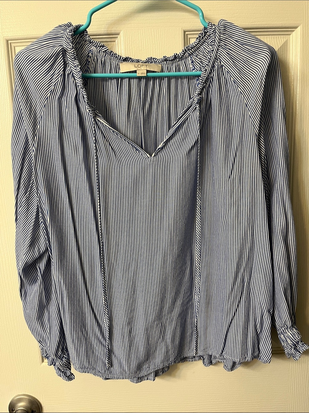 LOFT Navy and White Striped Peasant Top